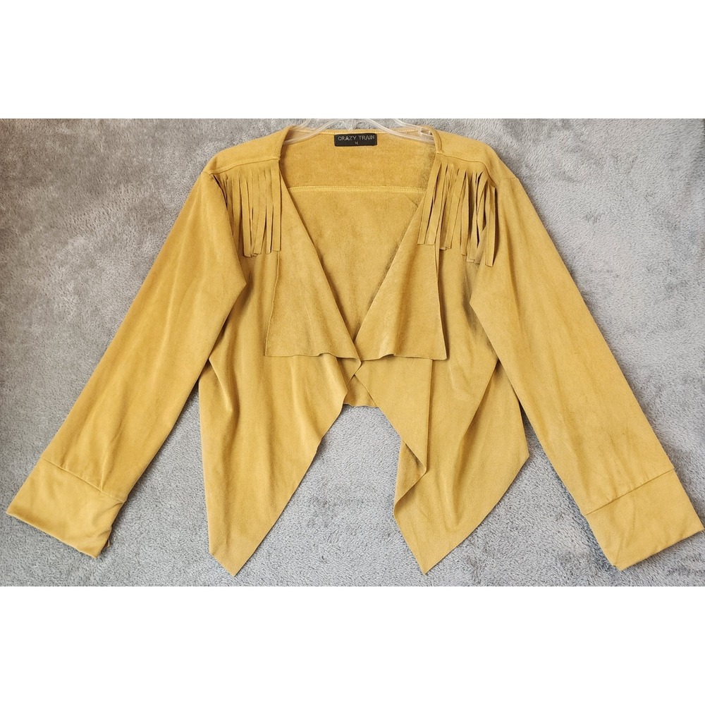 Crazy Train Jacket Womens Medium Mustard Yellow Fringe Southwestern Open Front